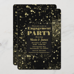 Black Gold Sparkling Lights Glam Engagement Party Invitation