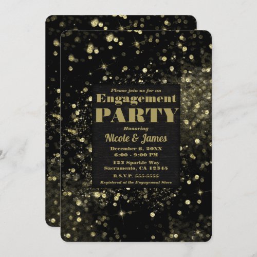 Black Gold Sparkling Lights Glam Engagement Party Invitation