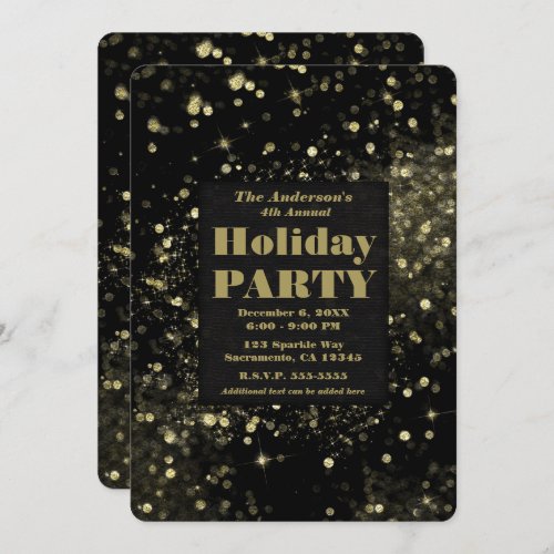 Black  Gold Sparkling Lights Glam Holiday Party Invitation