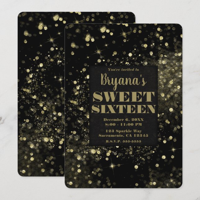 Black Gold Sparkling Lights Glam Sweet 16 Party Invitation (Front/Back)