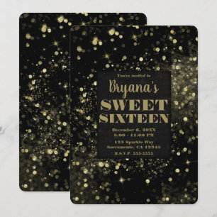 Black Gold Sparkling Lights Glam Sweet 16 Party Invitation