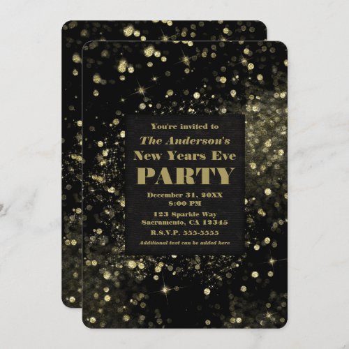Black  Gold Sparkling Lights New Years Eve Party Invitation