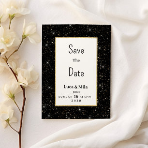 Black gold sparkly glitter confetti Save the Date Invitation