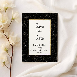 Black gold sparkly glitter confetti Save the Date Invitation