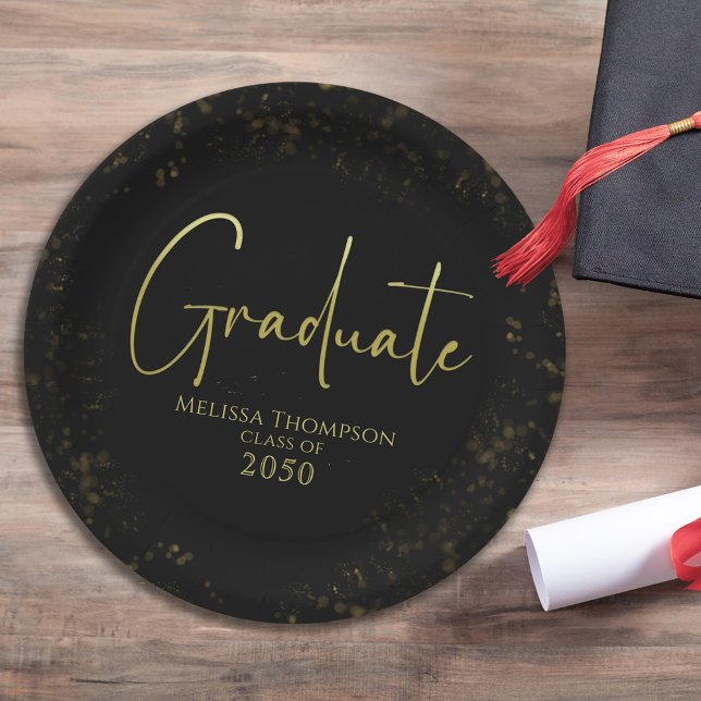 Black Gold Splatter Graduate Calligraphy Party  Paper Plates (Black and gold splatter graduate script design with personalized name and class year theme.)