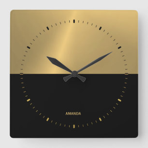 Black & Gold Split Screen Geometric Design Square Wall Clock