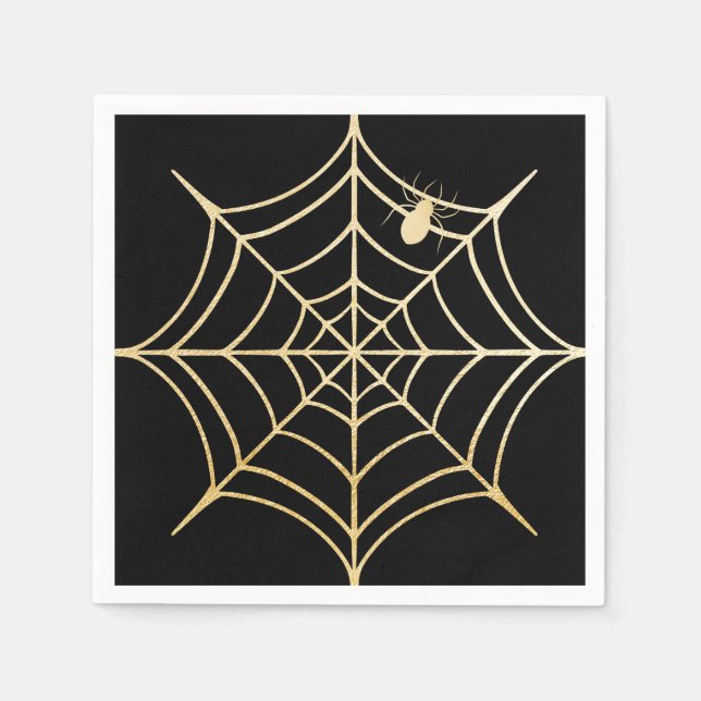 Black & Gold Spooky Halloween Spiderweb & Spider Napkins (Front)