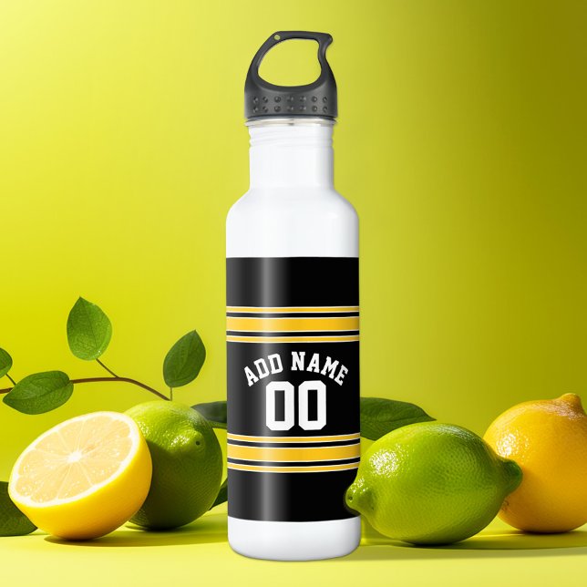 Black Gold Sports Jersey with Your Name and Number Water Bottle (Personalized water bottle - sports jersey design)