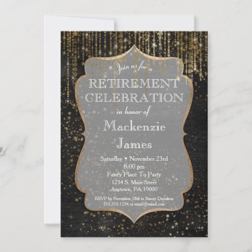 Black Gold Star Bling Retirement Party Invitation