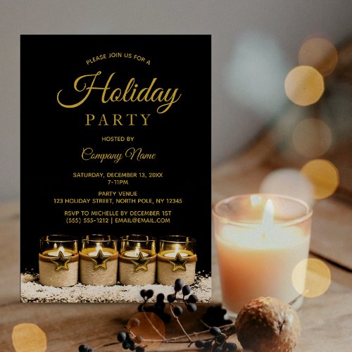 Black Gold Star Candle Corporate Holiday Party Invitation