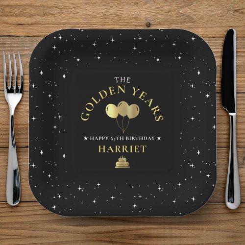 Black  Gold Star Golden Years 65th Birthday Paper Plates