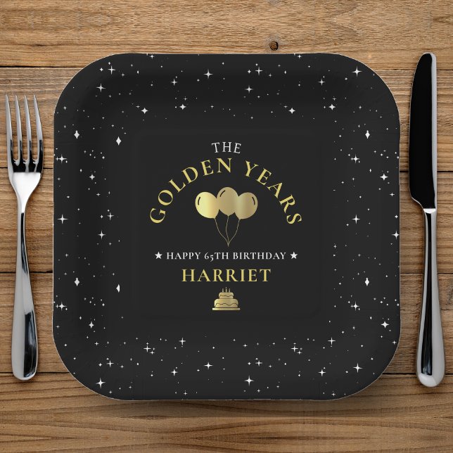Black & Gold Star Golden Years 65th Birthday Paper Plates (Black & Gold Star Golden Years 65th Birthday Paper Plates)