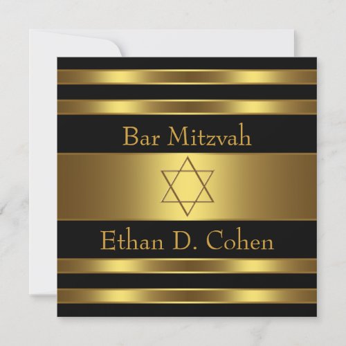 Black Gold Star of David Bar Mitzvah Invitation