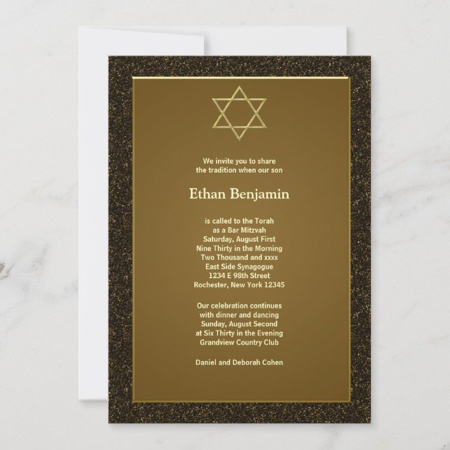 Black Gold Star of David Bar Mitzvah Invitation (Front)