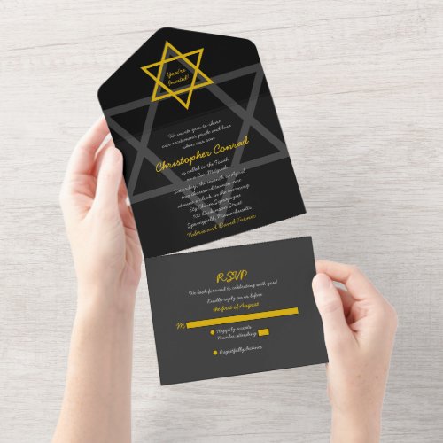 Black Gold Star of David Bar Mitzvah RSVP All In One Invitation