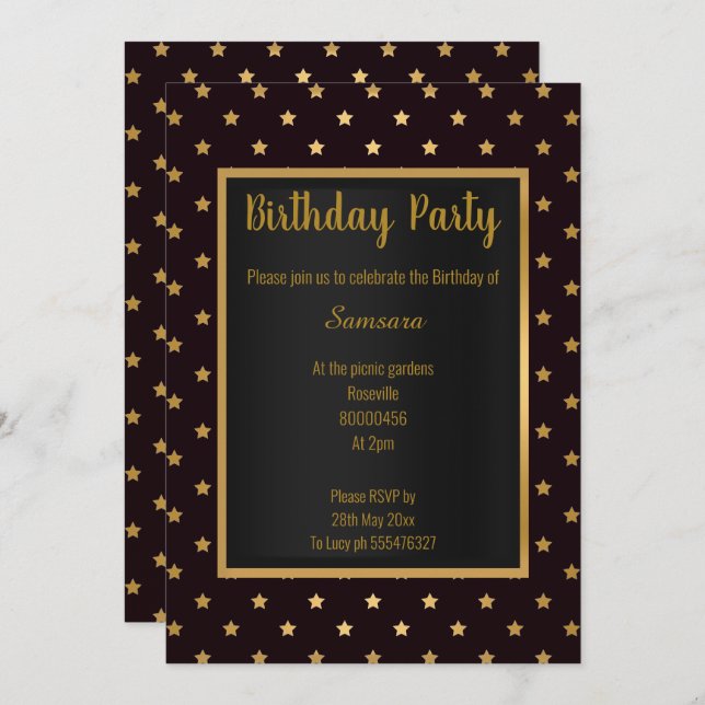 BLACK GOLD STAR PATTERN ELEGANT ALL  BIRTHDAY INVITATION (Front/Back)