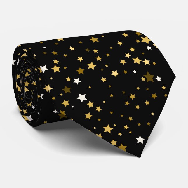 Black Gold Star Pattern Work, Graduation, Gift Neck Tie (Rolled)