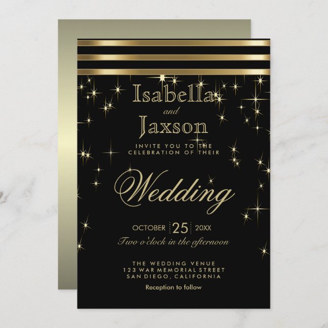 Black & Gold Starlights with Bars Invitation (Front/Back)