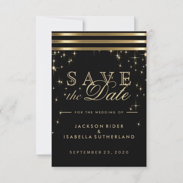 Black & Gold Starlights with Bars Save The Date (Front)