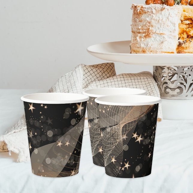 Black Gold Starry Night New Years Eve Party Paper Cups (Creator Uploaded)