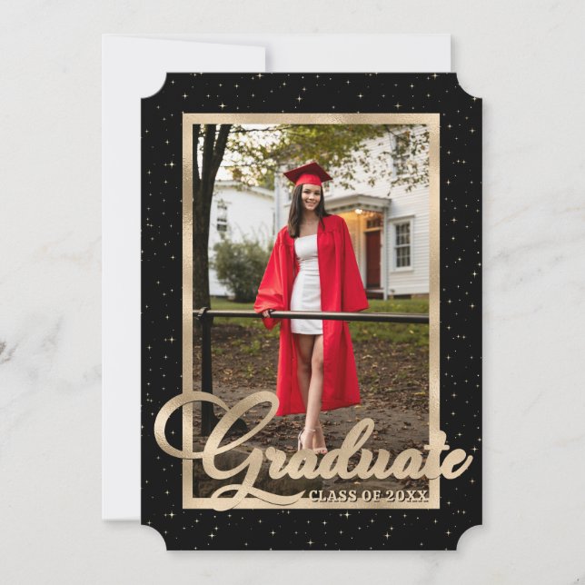 Black Gold Starry Photo Graduation Party Invitation (Front)