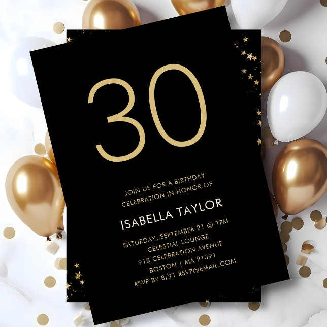 Black & Gold Stars 30th Birthday Invitation (Creator Uploaded)