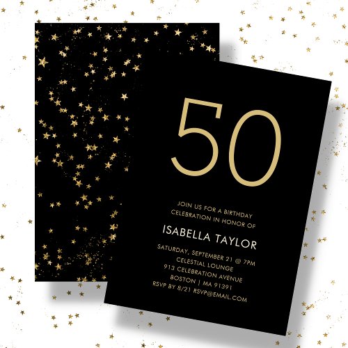 Black  Gold Stars 50th Birthday Invitation