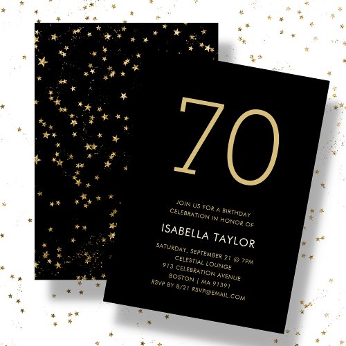 Black  Gold Stars 70th Birthday Invitation