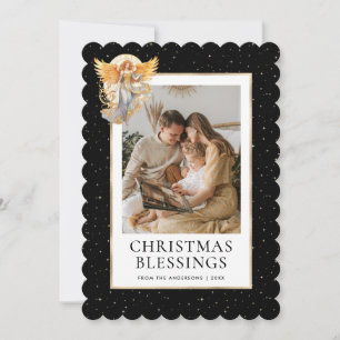 Black Gold Stars Angel Christmas Blessings Photo Holiday Card