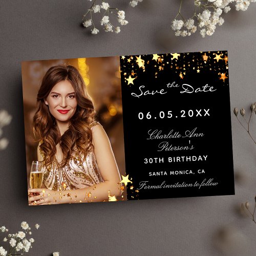 Black gold stars birthday party save the date
