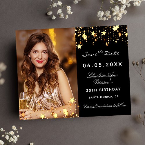 Black gold stars birthday party save the date announcement postcard