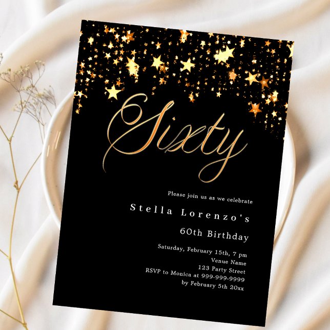 Black gold stars budget 60th birthday invitation (Creator Uploaded)
