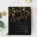 Black gold stars budget 80th birthday invitation<br><div class="desc">A modern,  stylish invitation for a 80th birthday party for both him and her. Decorated with golden stars. Black background and the word Eighty written with large faux gold letters. Personalize and add a name and party details. 

1 sheet = 1 invitation printed edge to edge.</div>