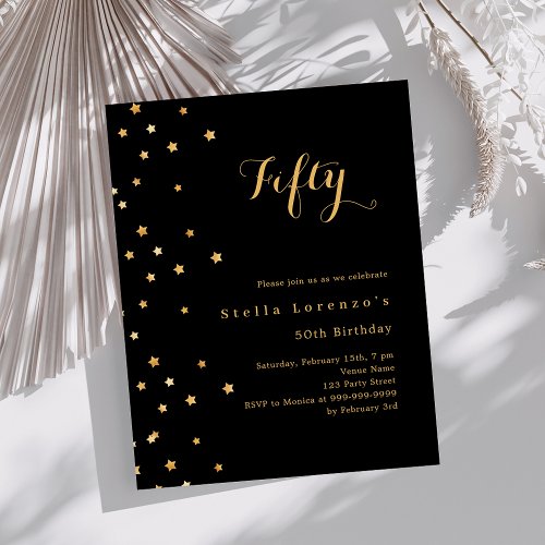 Black gold stars budget birthday invitation