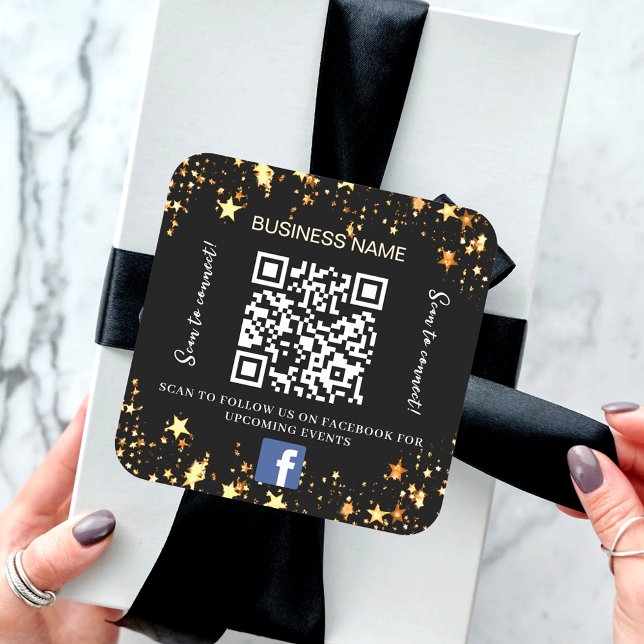 Black gold stars business name qr code Facebook Square Sticker (Creator Uploaded)