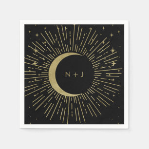 Black & Gold Stars Celestial Sunburst Moon Wedding Napkins