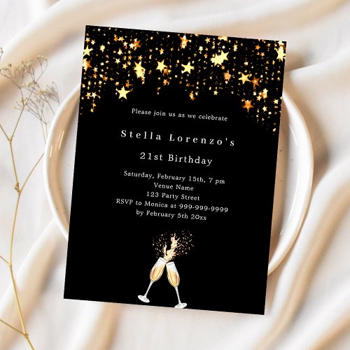 Black gold stars cheers birthday invitation