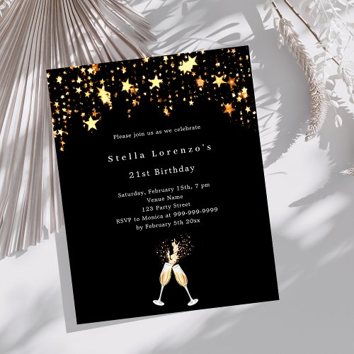 Black gold stars cheers birthday invitation