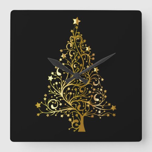 Black Gold Stars Christmas Tree Elegant Wall Clock