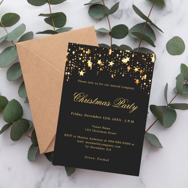 Black gold stars company Christmas Party Invitation (Creator Uploaded)