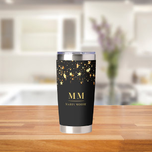 Black gold stars custom monogram initials name insulated tumbler