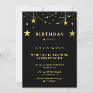 Black Gold Stars Dinner 74th birthday invitations