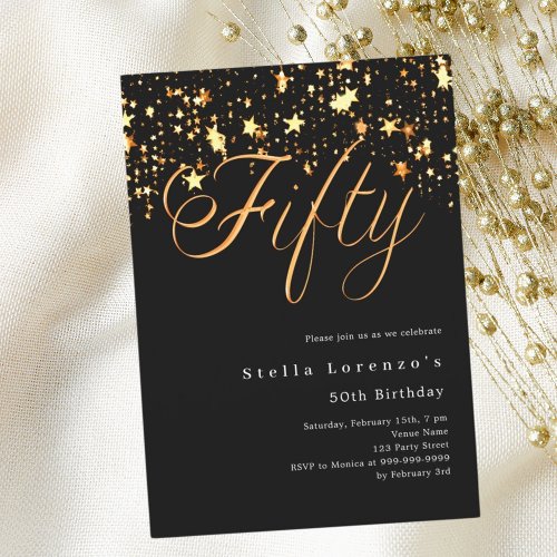 Black gold stars elegant 50th birthday invitation