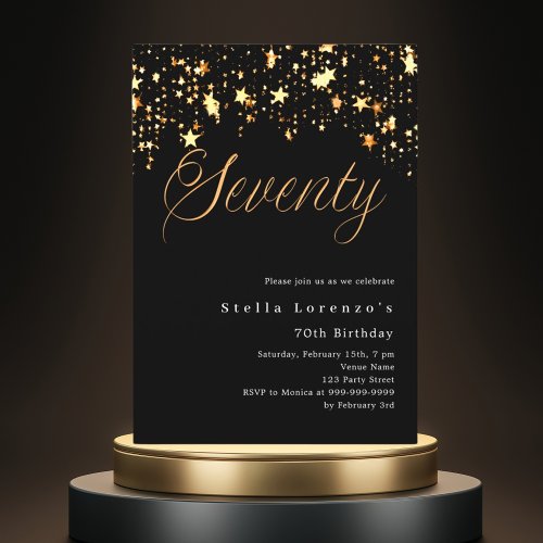 Black gold stars elegant 70th birthday invitation