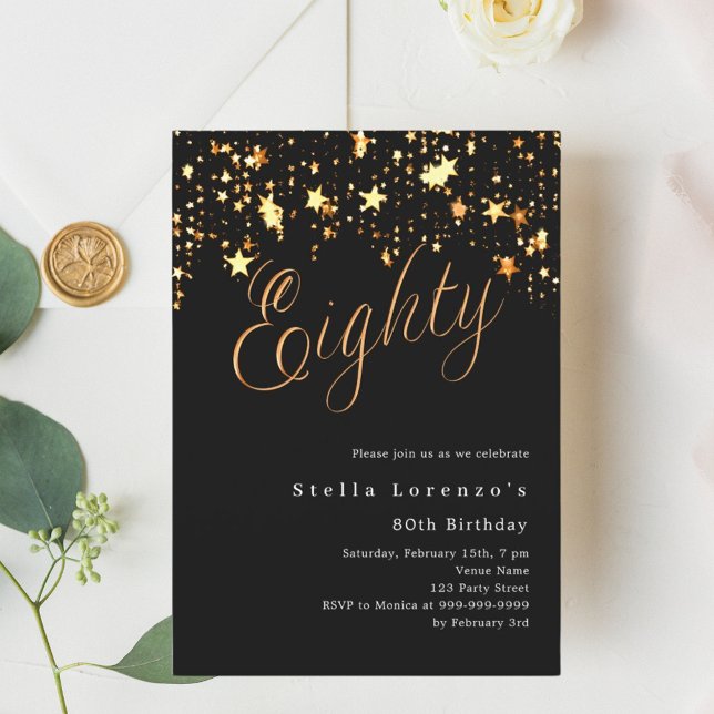 Black gold stars elegant 80th birthday invitation (Creator Uploaded)