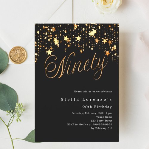 Black gold stars elegant 90th birthday invitation