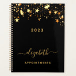 Black gold stars elegant girly appointments 2023 planner<br><div class="desc">A stylish black colored background with shining faux gold stars dripping, drips. Personalize and add a year, name, and title. A planner for organizing business clients, to do lists, or your daily life. The name is written with a large trendy hand lettered script with swashes. To keep the swashes only...</div>