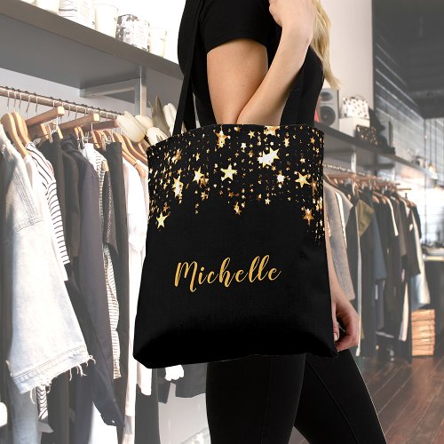Black gold stars elegant name tote bag