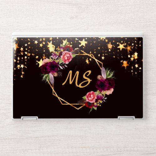 Black gold stars floral burgundy geo monogram HP laptop skin