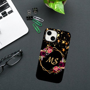 Black gold stars florals burgundy monogram iPhone 12 case